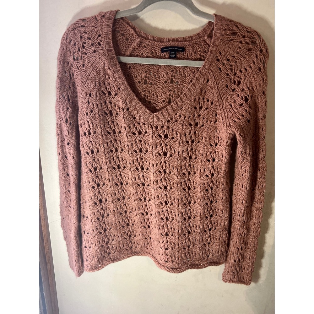 American‎ Eagle Outfitters Pink Crochet Knit V Neck Long Sleeve Sweater M